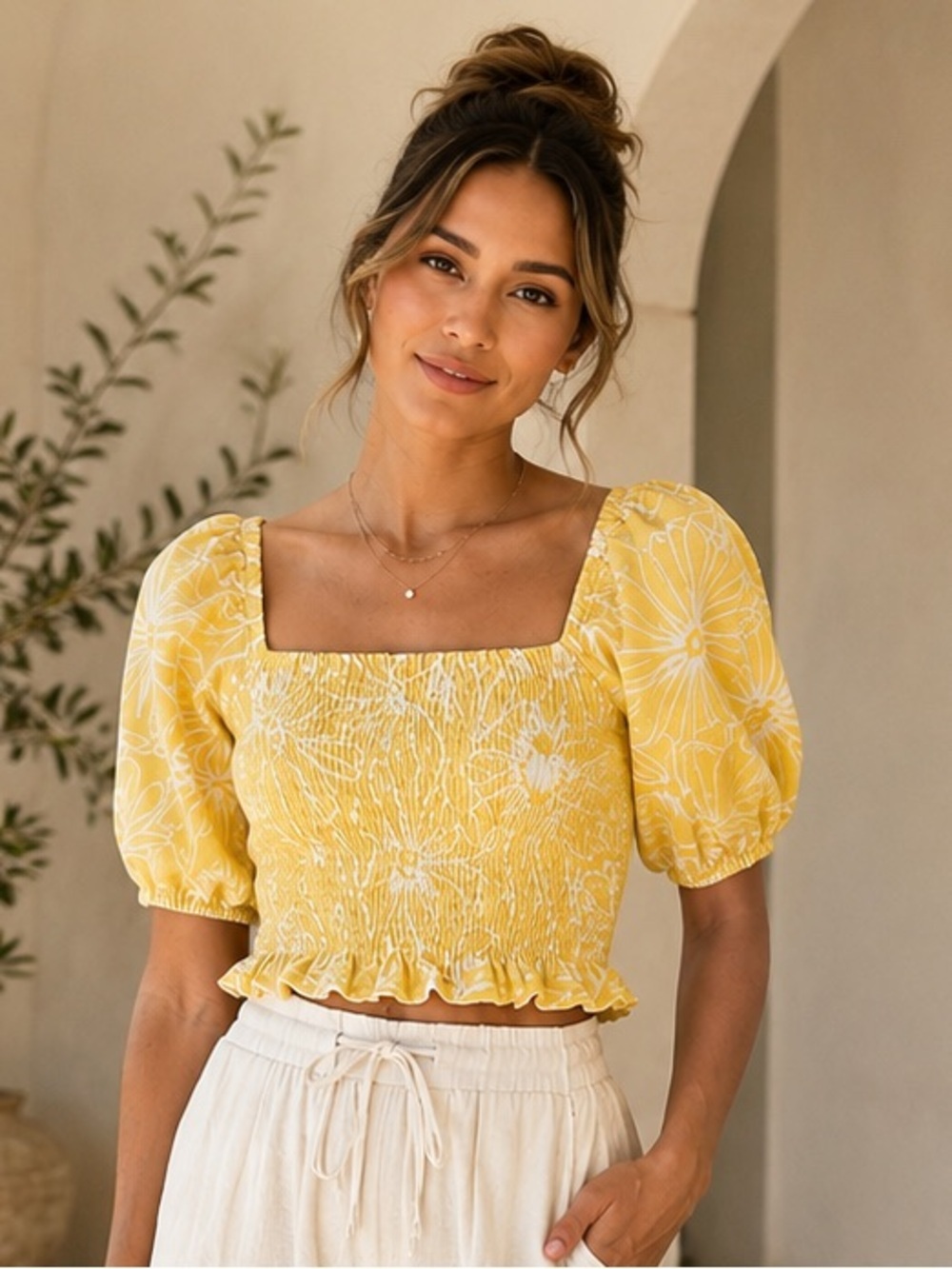 Universal Thread Yellow Floral Smocked Puff Sleeve Linen Blend Crop Top XS